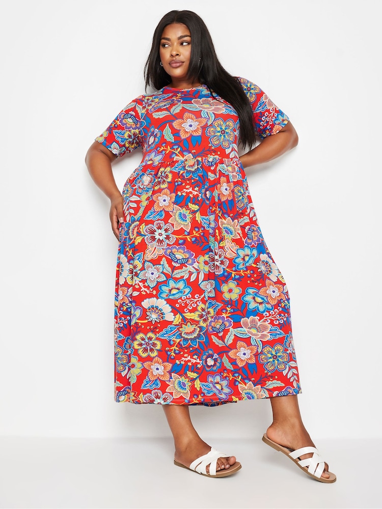 Yours Curve Red Floral Print Midi Smock Dress - Image 1 of 4