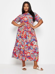 Yours Curve Red Floral Print Midi Smock Dress - Image 2 of 4