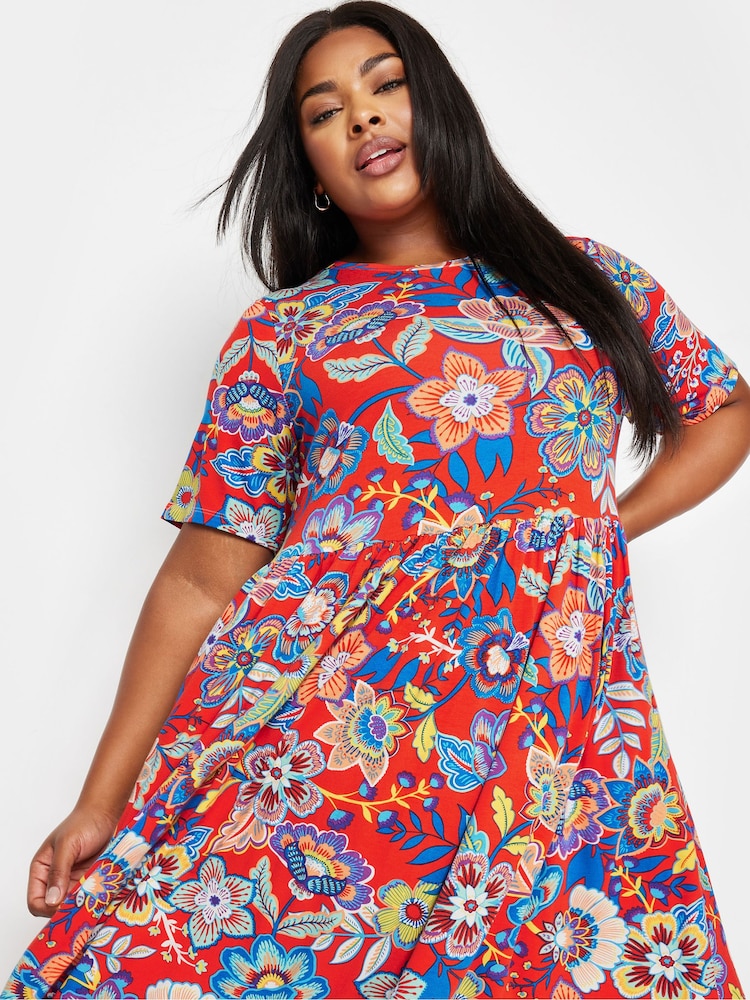 Yours Curve Red Floral Print Midi Smock Dress - Image 4 of 4