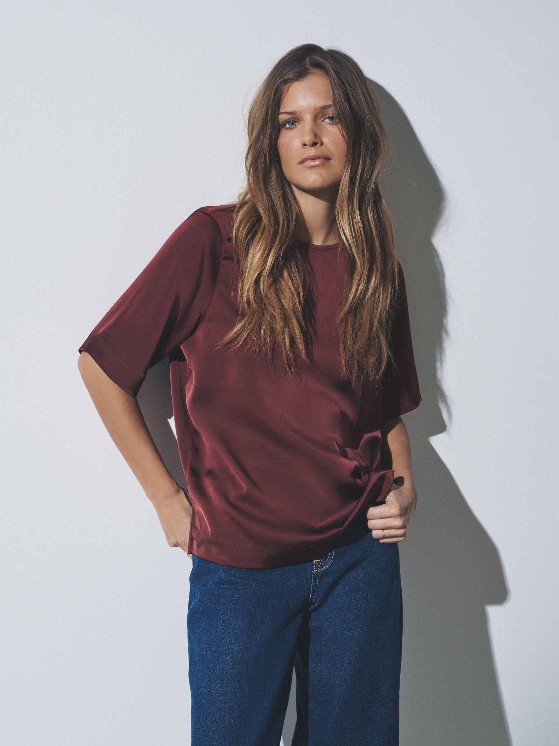 Buy The Set 2 Pack Satin Shortsleeve Tops Black/Burgundy Red from