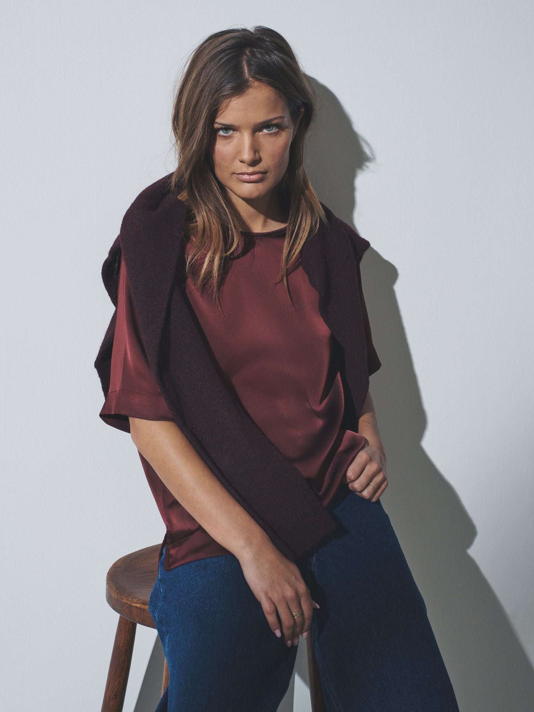 Buy The Set 2 Pack Satin Shortsleeve Tops Black/Burgundy Red from