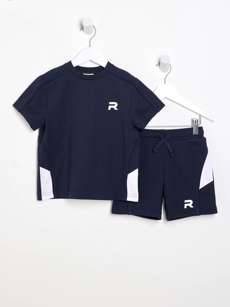 River Island Blue Boys Block Piped T-Shirt and Shorts Set - Image 2 of 5
