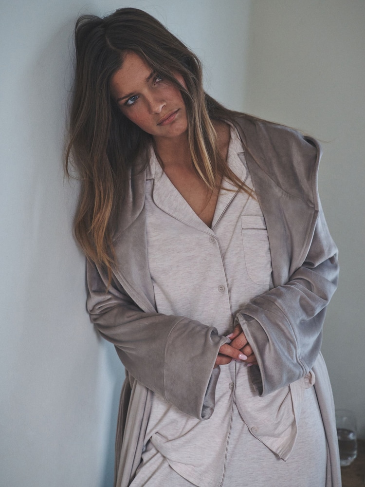 Buy The Set 2 Pack Viscose Blend Dressing Gown and Button Through Long  Pyjamas with Piping Oatmeal from Next Iceland