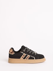 Black Leopard Print Gold Trim Gum Sole Sports Trainers - Image 1 of 4