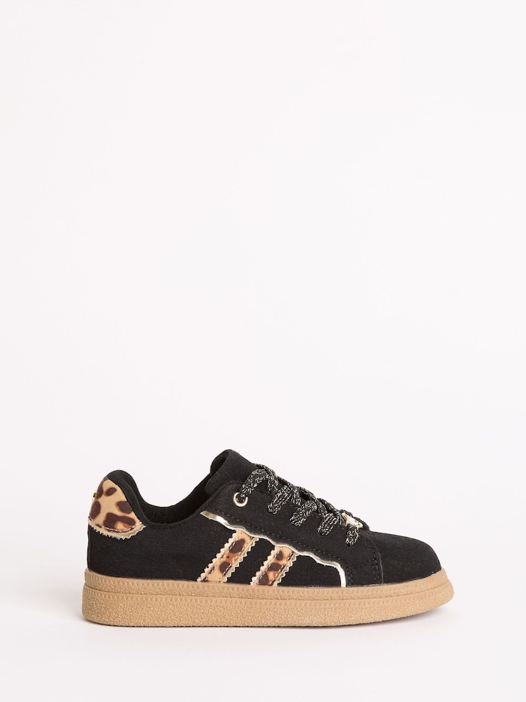 Black Leopard Print Gold Trim Gum Sole Sports Trainers - Image 1 of 4