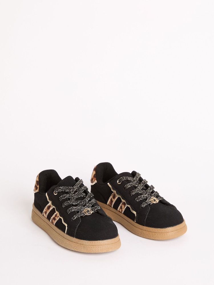 Black Leopard Print Gold Trim Gum Sole Sports Trainers - Image 2 of 4