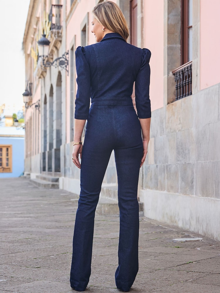 Sosandar Blue Puff Sleeve Kicklare Denim Jumpsuit - Image 2 of 5