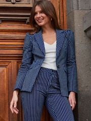 Sosandar Blue Pinstripe Denim Blazer - Image 4 of 5