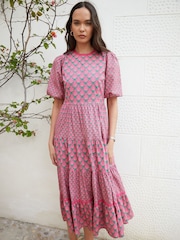 Another Sunday Pink Poplin Short Puff Sleeve Tiered Smock 100% Cotton Midi Dress - Image 1 of 4