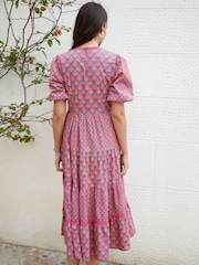Another Sunday Pink Poplin Short Puff Sleeve Tiered Smock 100% Cotton Midi Dress - Image 2 of 4