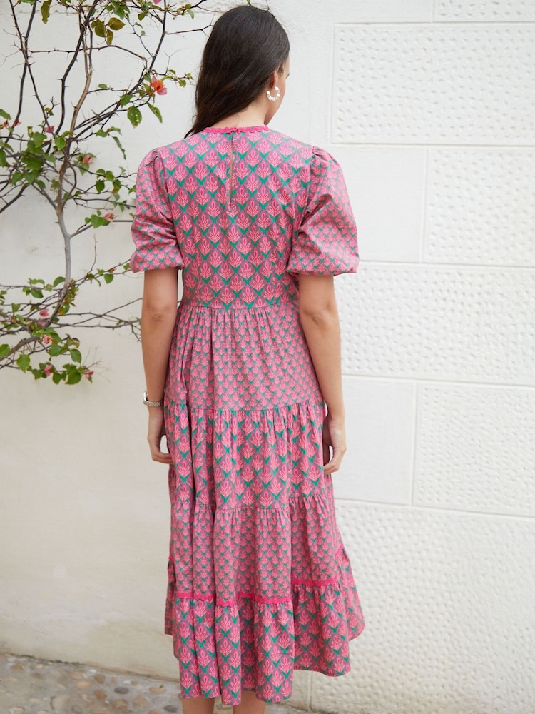 Another Sunday Pink Poplin Short Puff Sleeve Tiered Smock 100% Cotton Midi Dress - Image 2 of 4