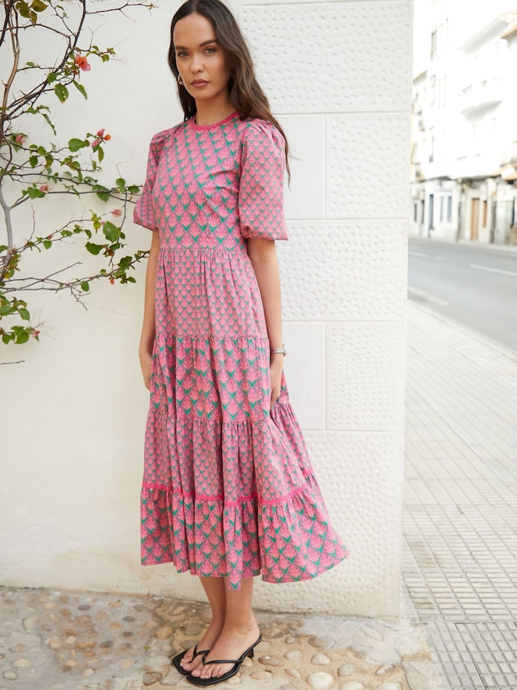 Another Sunday Pink Poplin Short Puff Sleeve Tiered Smock 100% Cotton Midi Dress - Image 4 of 4
