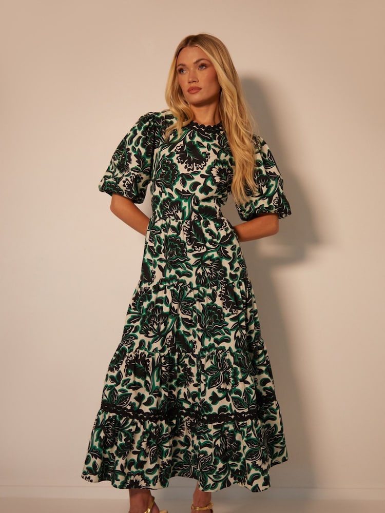 Another Sunday Black Poplin Short Puff Sleeve Tiered Smock 100% Cotton Midi Dress - Image 1 of 4