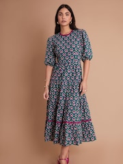 Another Sunday Green Poplin Short Puff Sleeve Tiered Smock 100% Cotton Midi Dress - Image 1 of 3