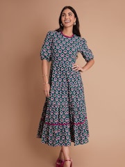 Another Sunday Green Poplin Short Puff Sleeve Tiered Smock 100% Cotton Midi Dress - Image 2 of 3