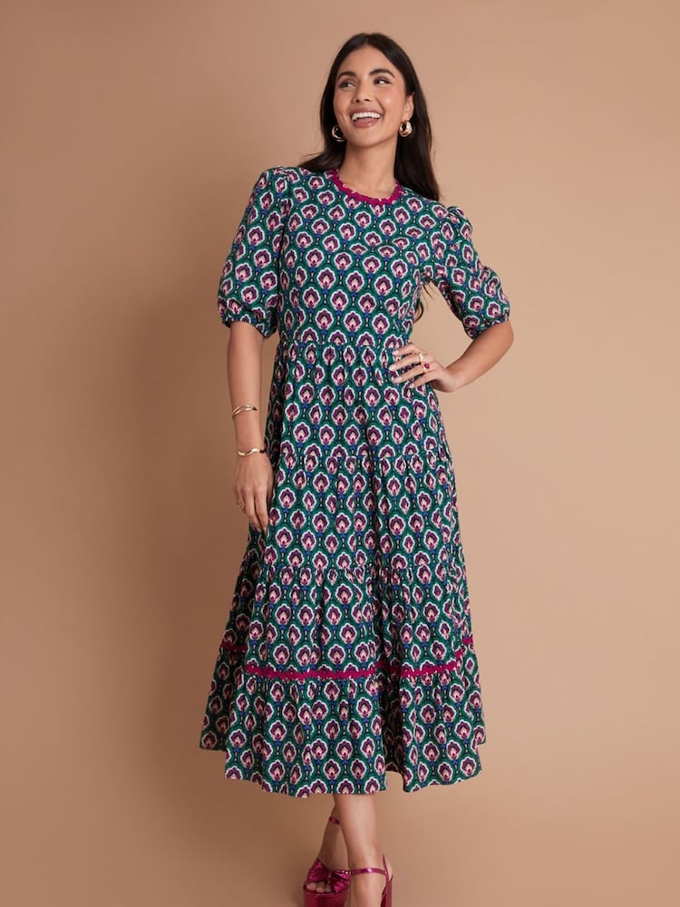Another Sunday Green Poplin Short Puff Sleeve Tiered Smock 100% Cotton Midi Dress - Image 2 of 3