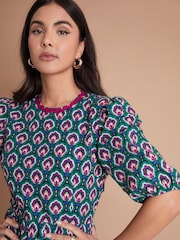 Another Sunday Green Poplin Short Puff Sleeve Tiered Smock 100% Cotton Midi Dress - Image 3 of 3