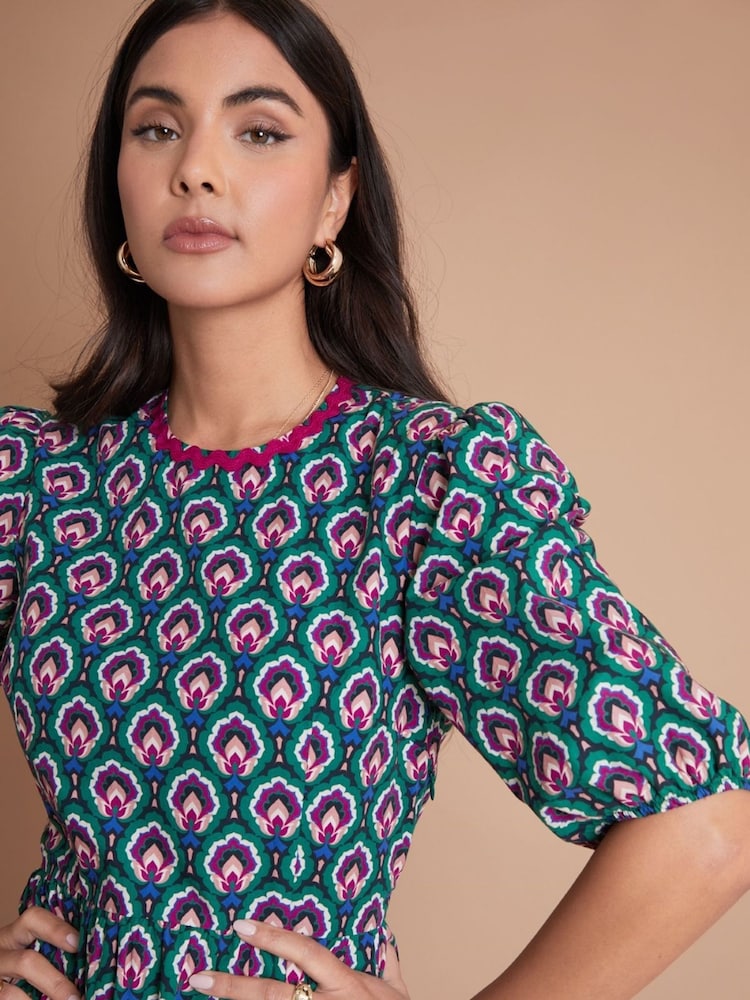 Another Sunday Green Poplin Short Puff Sleeve Tiered Smock 100% Cotton Midi Dress - Image 3 of 3