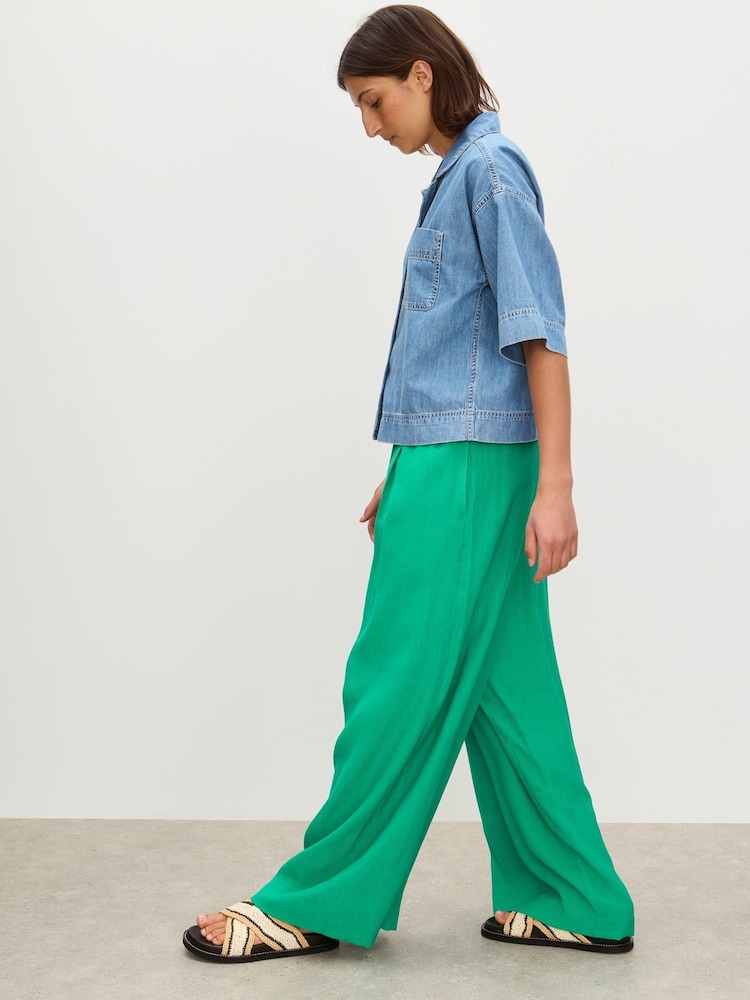 Oliver Bonas Green Crinkled Wide Leg Trousers - Image 1 of 8