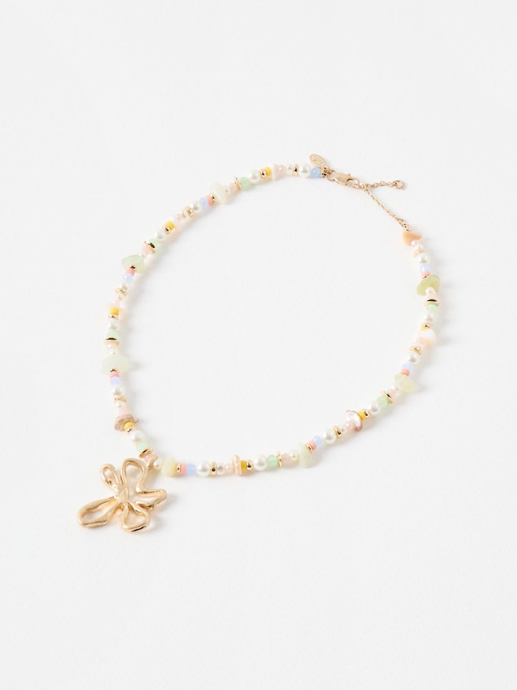 Oliver Bonas Gold Jackson Brass Flower Beaded Pendant Necklace - Image 1 of 4