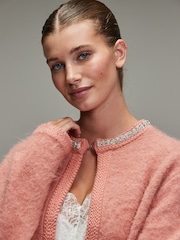 Blush Pink Embellished Collar Brushed Crew Neck Cardigan - Image 4 of 8