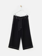 Oliver Bonas Black Contrast Stitch Tie Waist Cropped Wide Leg Trousers - Image 1 of 5