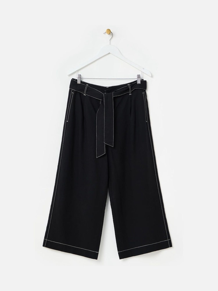 Oliver Bonas Black Contrast Stitch Tie Waist Cropped Wide Leg Trousers - Image 1 of 5
