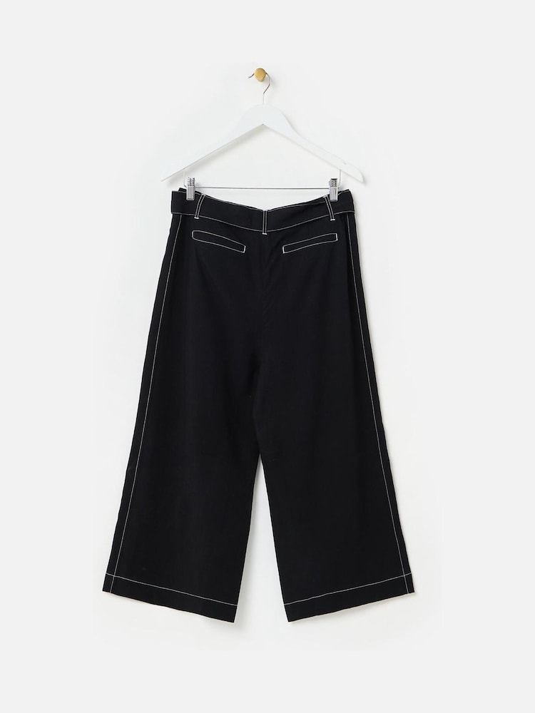 Oliver Bonas Black Contrast Stitch Tie Waist Cropped Wide Leg Trousers - Image 2 of 5