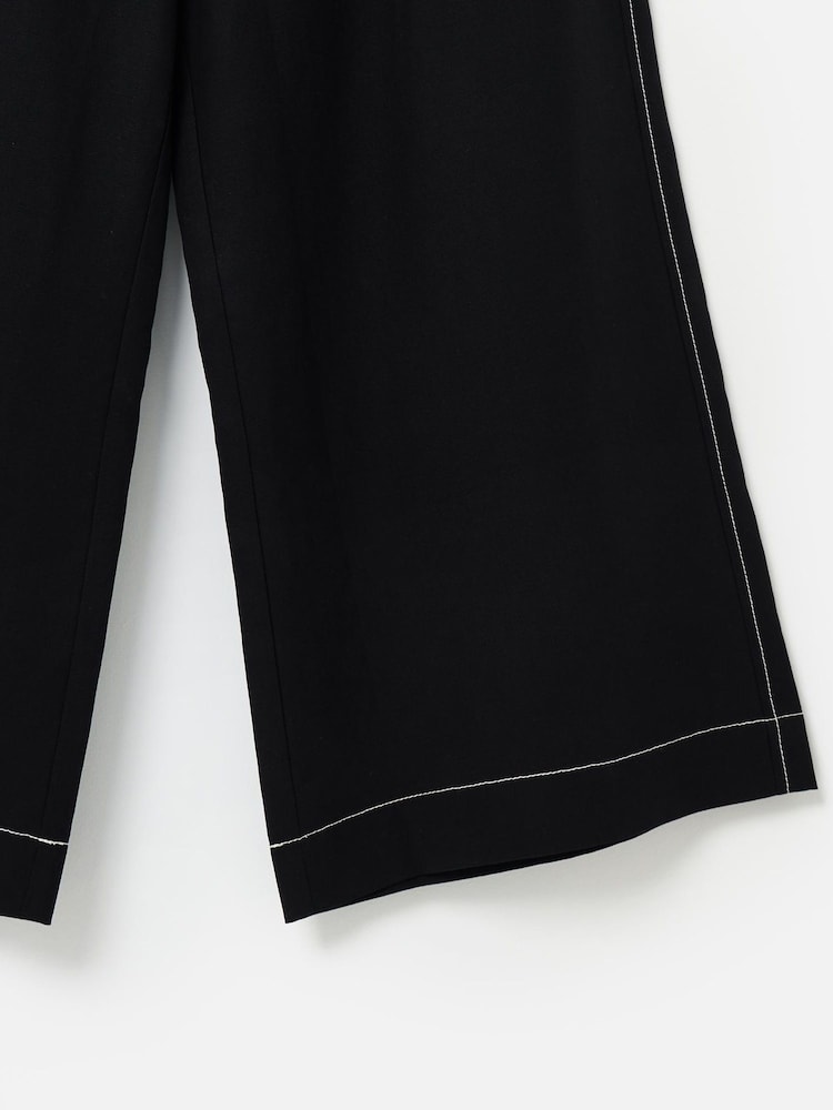 Oliver Bonas Black Contrast Stitch Tie Waist Cropped Wide Leg Trousers - Image 5 of 5