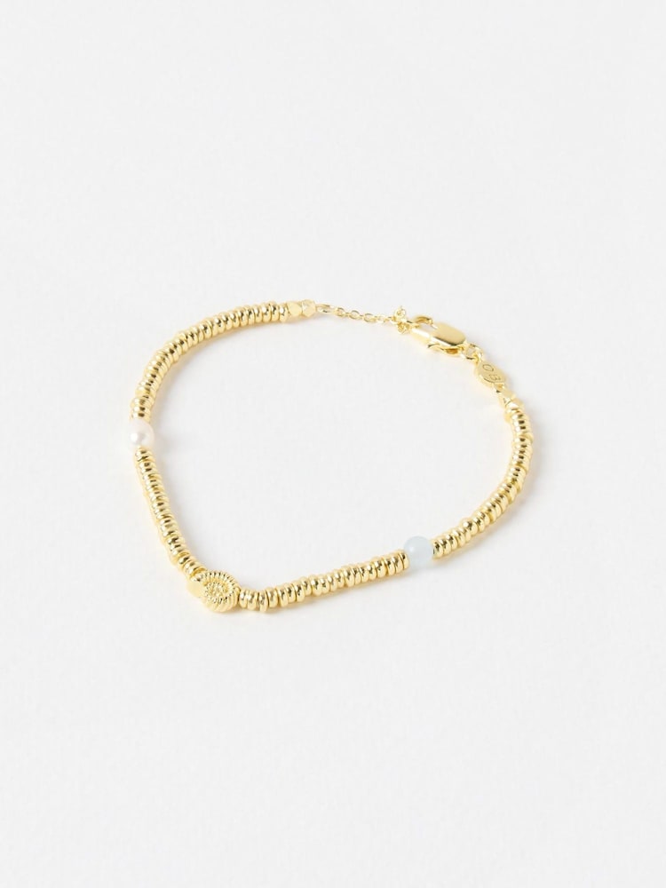 Oliver Bonas Gold Tone Sora Shell, Pearl & Aquamarine Textured Chain Bracelet - Image 1 of 4