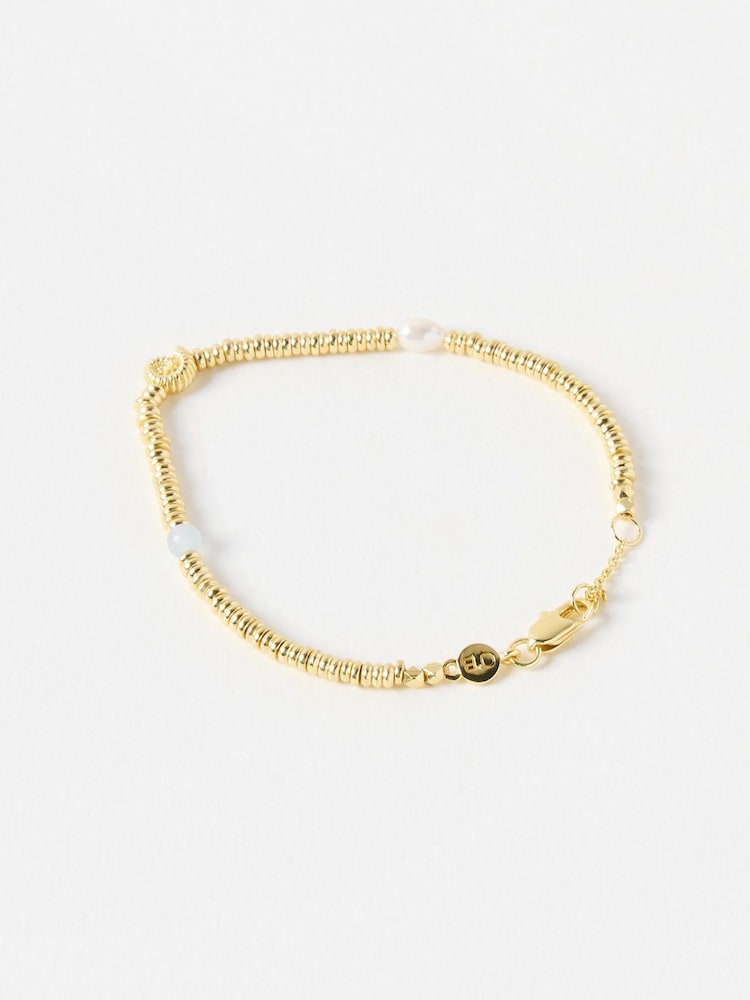 Oliver Bonas Gold Tone Sora Shell, Pearl & Aquamarine Textured Chain Bracelet - Image 2 of 4