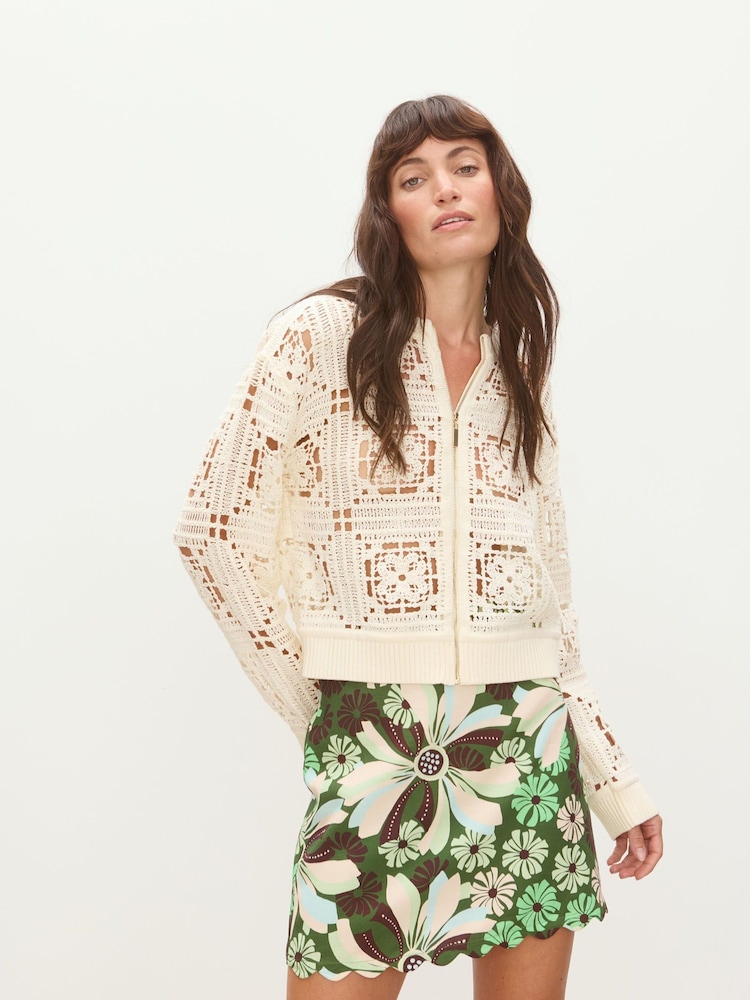 Oliver Bonas White Crochet Granny Square Zip-Up Cardigan - Image 1 of 8 Oliver Bonas White Crochet Granny Square Zip-Up Cardigan - Image 1 of 8