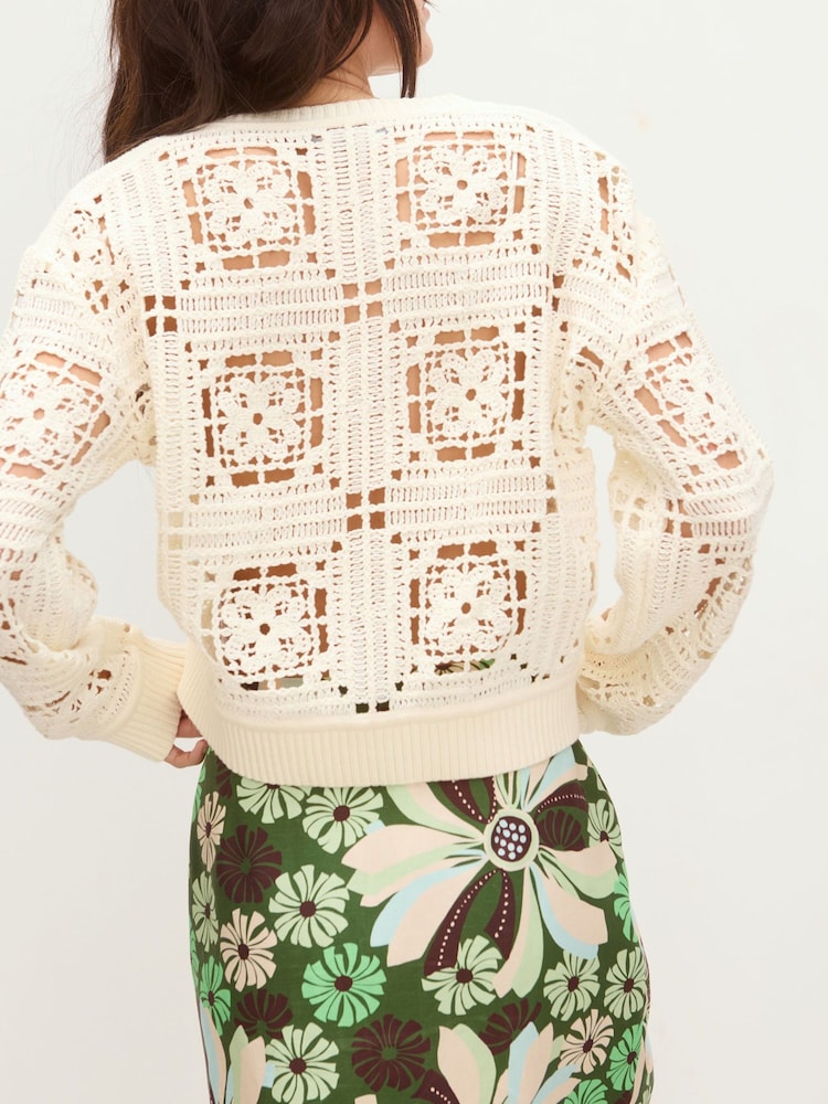 Oliver Bonas White Crochet Granny Square Zip-Up Cardigan - Image 2 of 8 Oliver Bonas White Crochet Granny Square Zip-Up Cardigan - Image 2 of 8