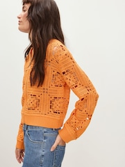 Oliver Bonas Orange Crochet Granny Square Zip-Up Cardigan - Image 1 of 8