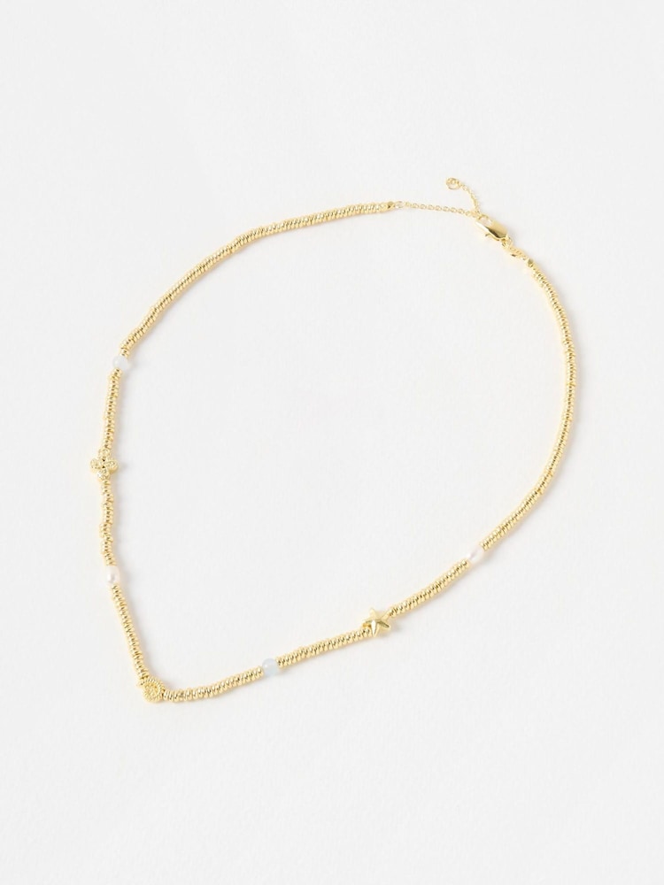 Oliver Bonas Gold Tone Sora Shell, Pearl & Aquamarine Chain Necklace - Image 1 of 4