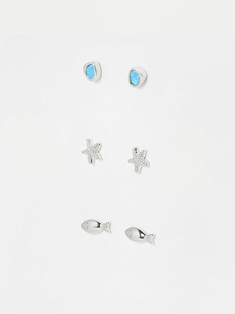 Oliver Bonas Blue Mira Opalite, Fish & Starfish Sterling Silver Stud Earrings Pack - Image 1 of 4