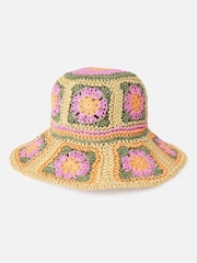 Oliver Bonas Pink Crochet Flower Straw Bucket Hat - Image 1 of 4