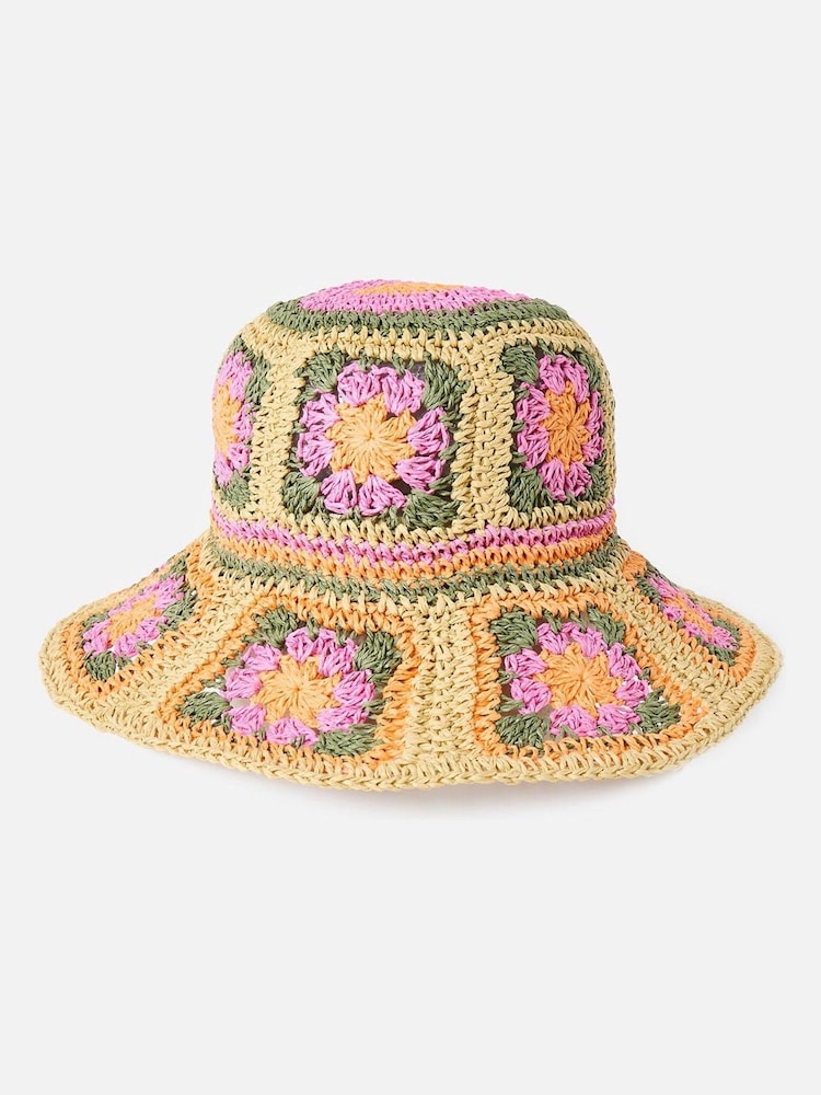 Oliver Bonas Pink Crochet Flower Straw Bucket Hat - Image 1 of 4 Oliver Bonas Pink Crochet Flower Straw Bucket Hat - Image 1 of 4
