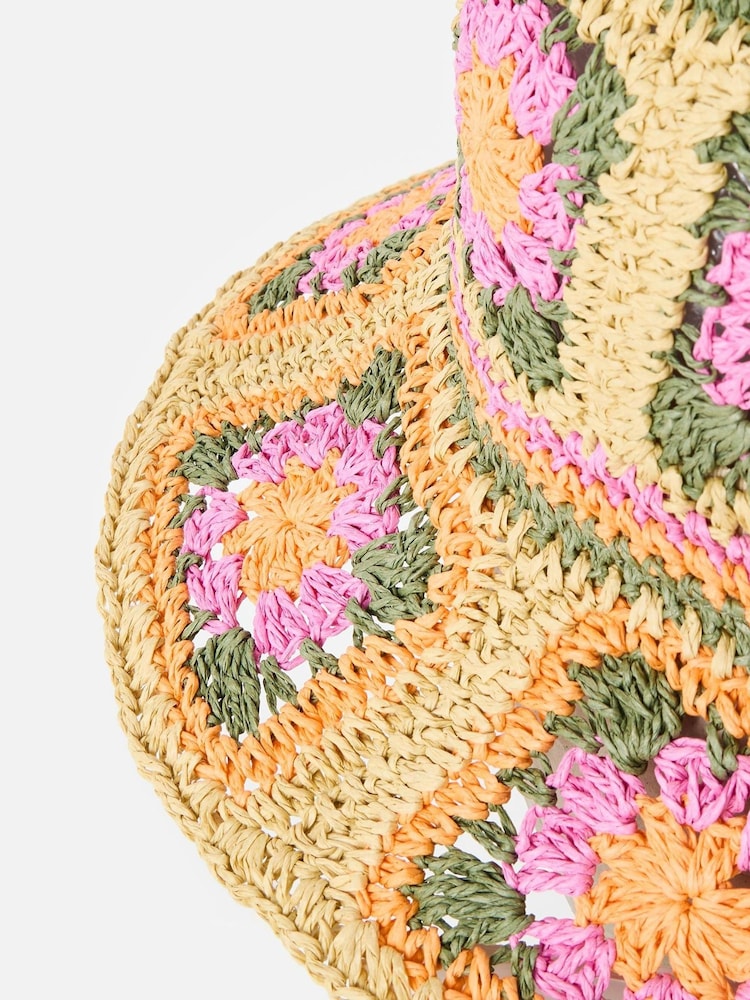 Oliver Bonas Pink Crochet Flower Straw Bucket Hat - Image 2 of 4 Oliver Bonas Pink Crochet Flower Straw Bucket Hat - Image 2 of 4