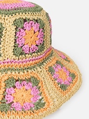 Oliver Bonas Pink Crochet Flower Straw Bucket Hat - Image 3 of 4