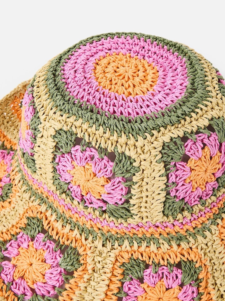 Oliver Bonas Pink Crochet Flower Straw Bucket Hat - Image 4 of 4 Oliver Bonas Pink Crochet Flower Straw Bucket Hat - Image 4 of 4