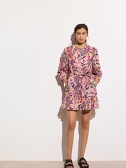 Oliver Bonas Pink Abstract Tiered 100% Cotton Mini Dress - Image 1 of 8