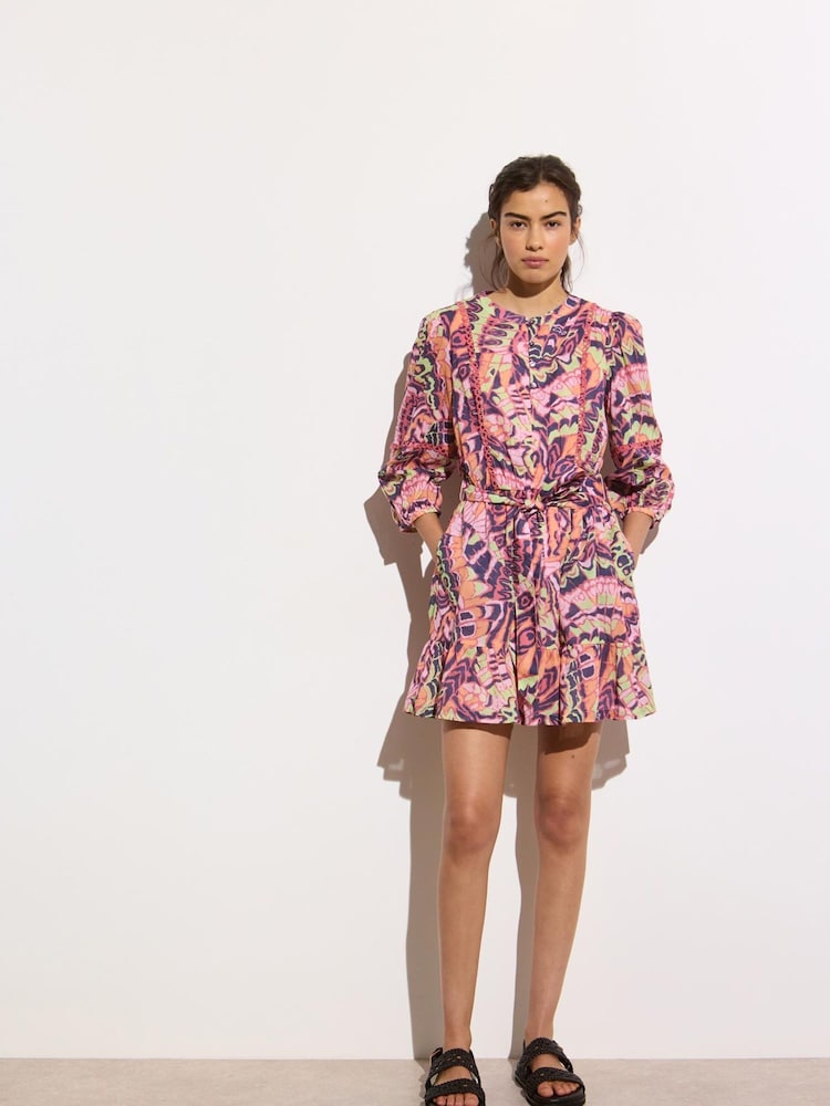 Oliver Bonas Pink Abstract Tiered 100% Cotton Mini Dress - Image 1 of 8