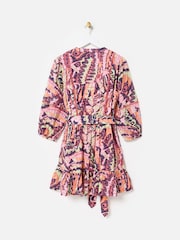 Oliver Bonas Pink Abstract Tiered 100% Cotton Mini Dress - Image 4 of 8