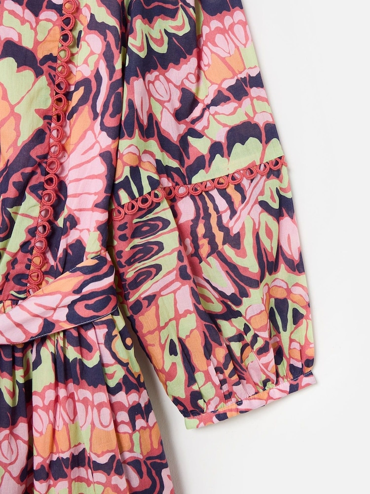 Oliver Bonas Pink Abstract Tiered 100% Cotton Mini Dress - Image 8 of 8
