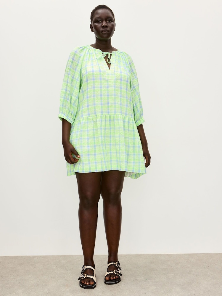 Oliver Bonas Green & Blue Neon Checked Tiered Mini Dress - Image 1 of 5