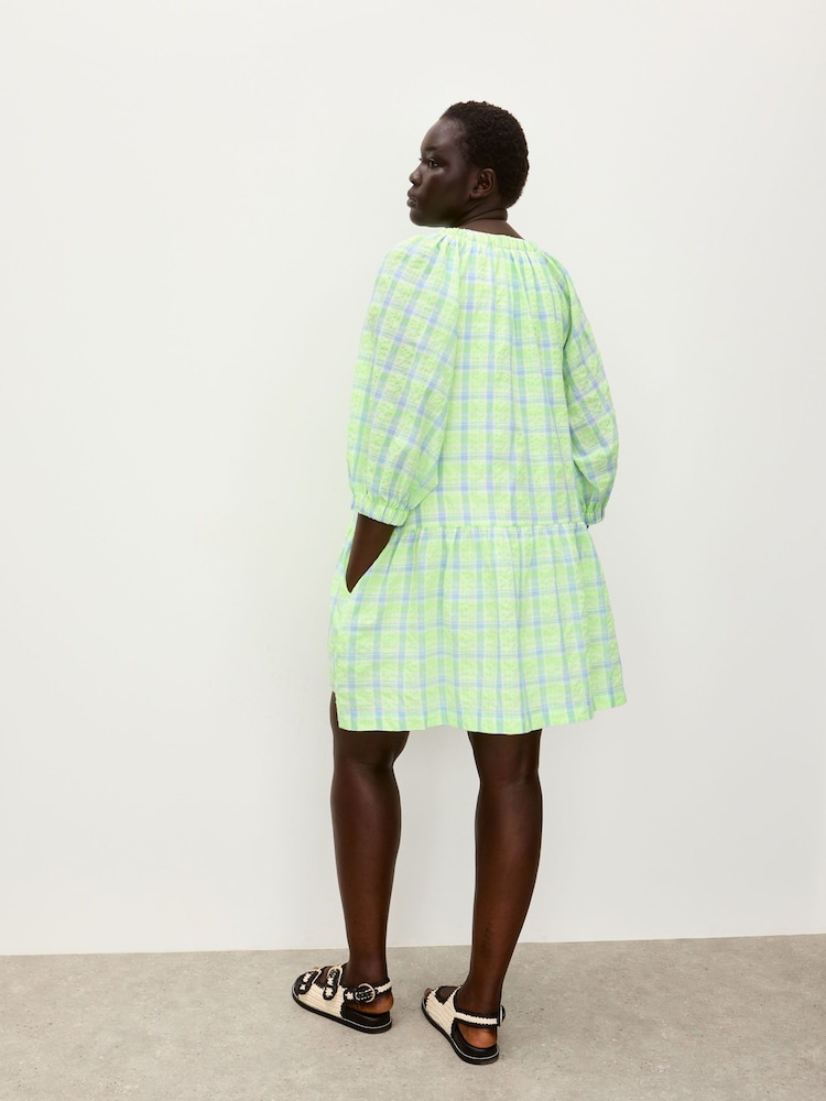 Oliver Bonas Green & Blue Neon Checked Tiered Mini Dress - Image 2 of 5