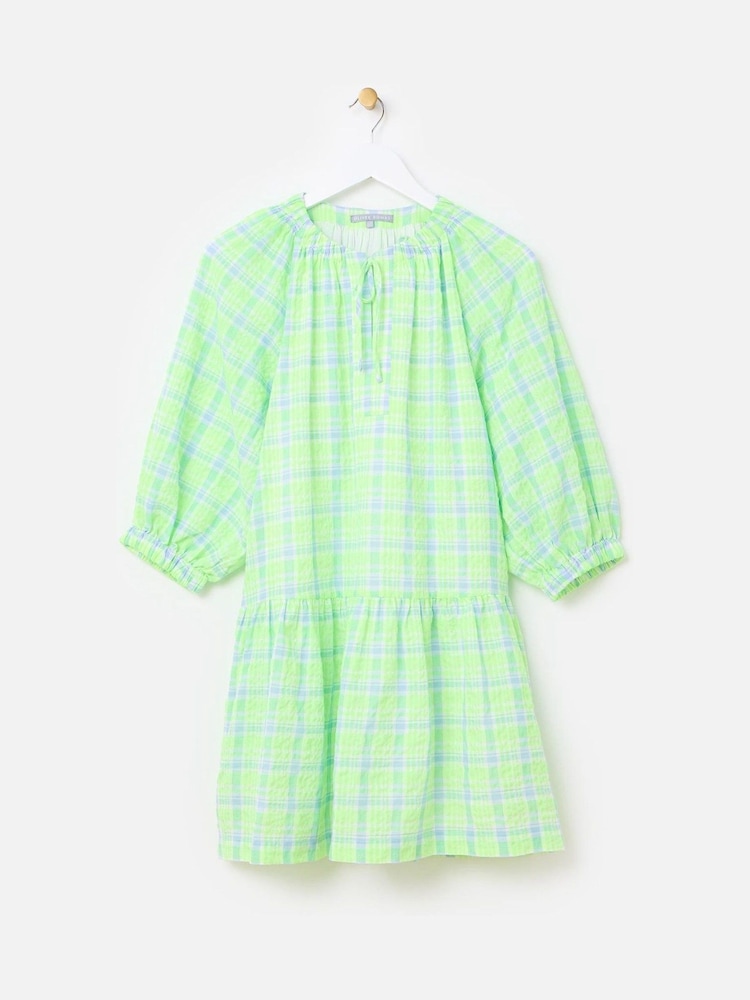 Oliver Bonas Green & Blue Neon Checked Tiered Mini Dress - Image 5 of 5