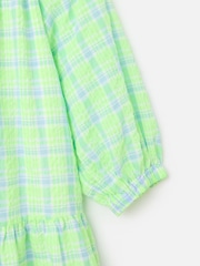 Oliver Bonas Green & Blue Neon Checked Tiered Mini Dress - Image 7 of 8