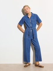 Oliver Bonas Denim Zip-Up Short Sleeve 100% Cotton Jumpsuit - Imagen 1 de 8